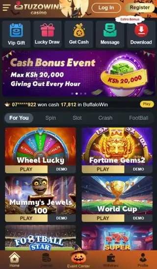 Tuzowins game lobby with top menu, Cash Bonus Event banner, game tabs and bottom bar