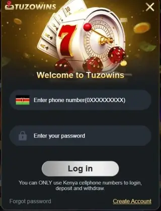 Welcome to Tuzowins login window with phone number, password and Forgot password link