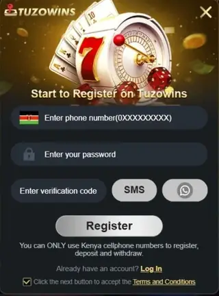 Start to Register on Tuzowins window with phone, password and SMS or WhatsApp code